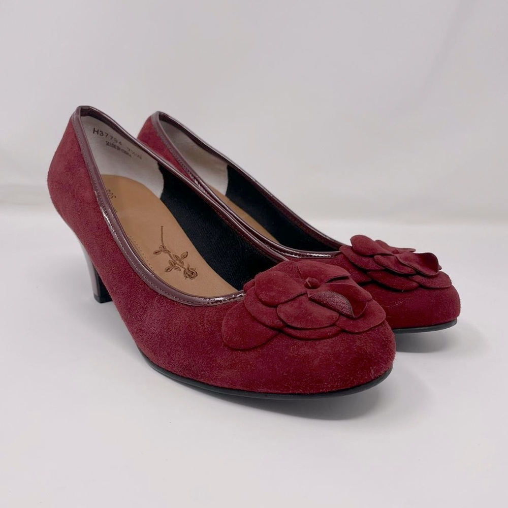 Ros Hommerson red suede pumps with rose on toe and rose design on bottom